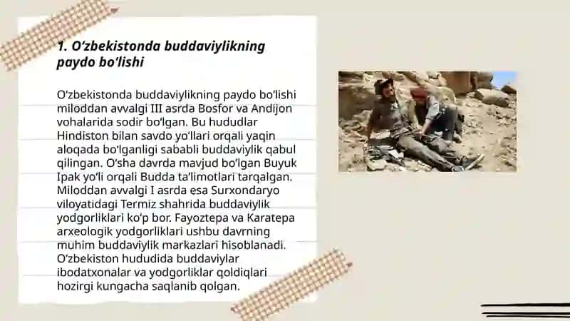 O'zbekistonda buddaviylik dinining tarixiy ildizlari ( Qoratepa,Fayoztepa,Dalvarzintepa) va hozirgi zamon 3