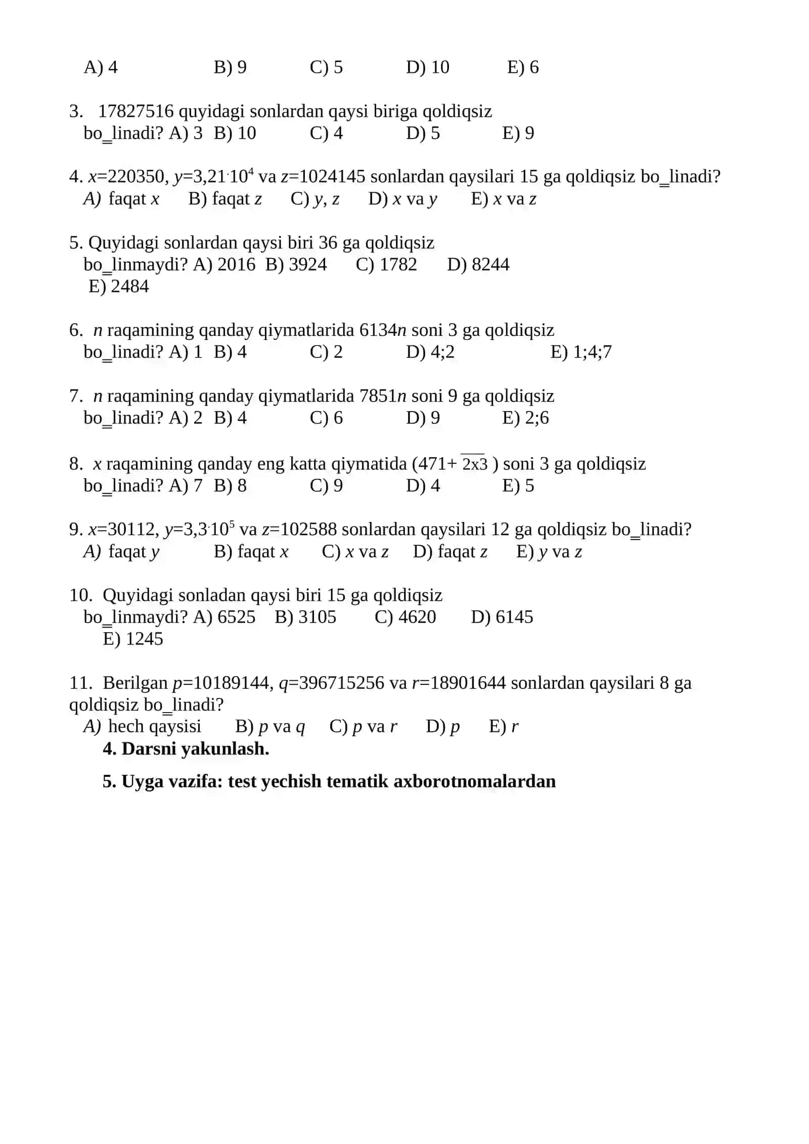 Matematika to'garak. Barcha sinflar uchun. 3