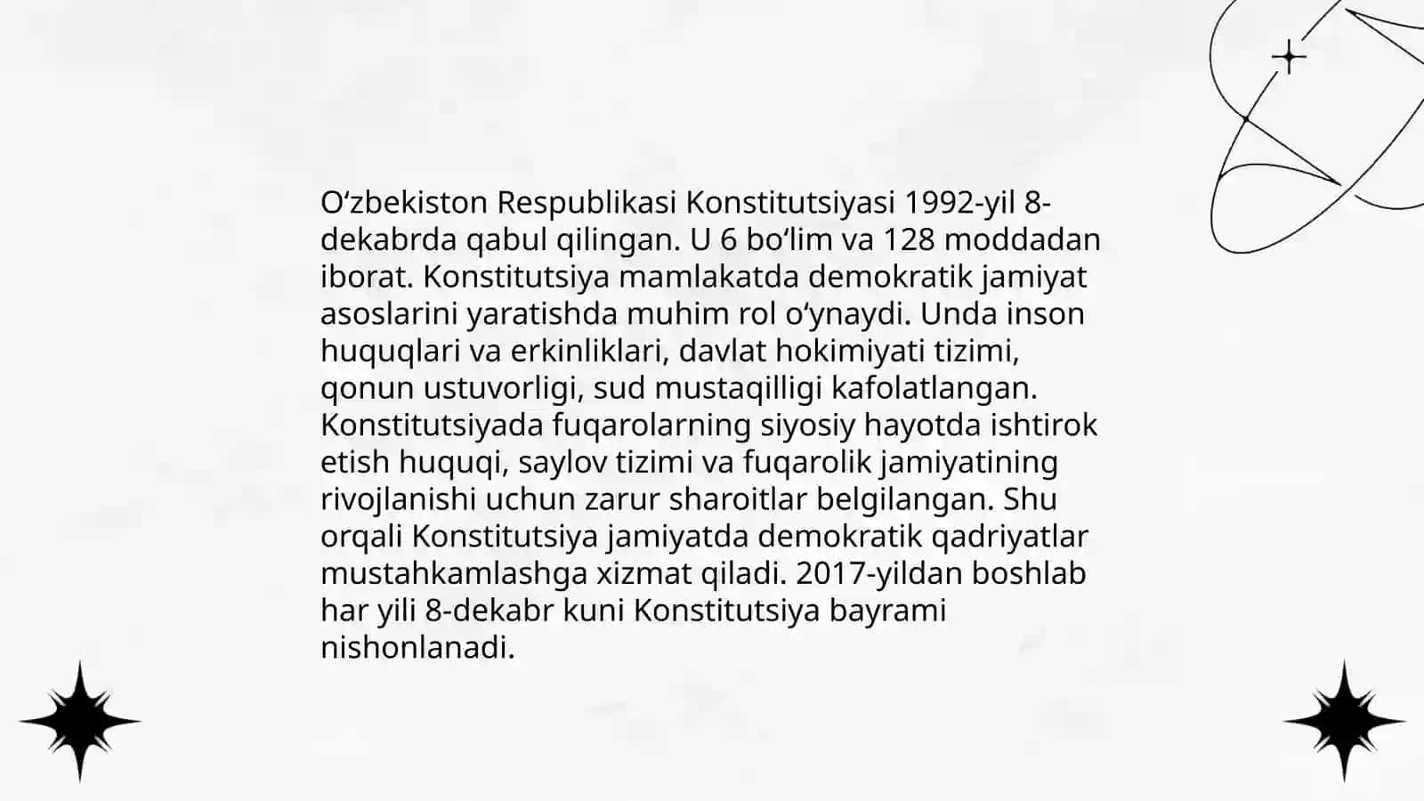 Reja: Oʻzbekiston Respublikasi Konstitutsiyasi va uning demokratik jamiyat asoslarini yaratishdagi roli 3