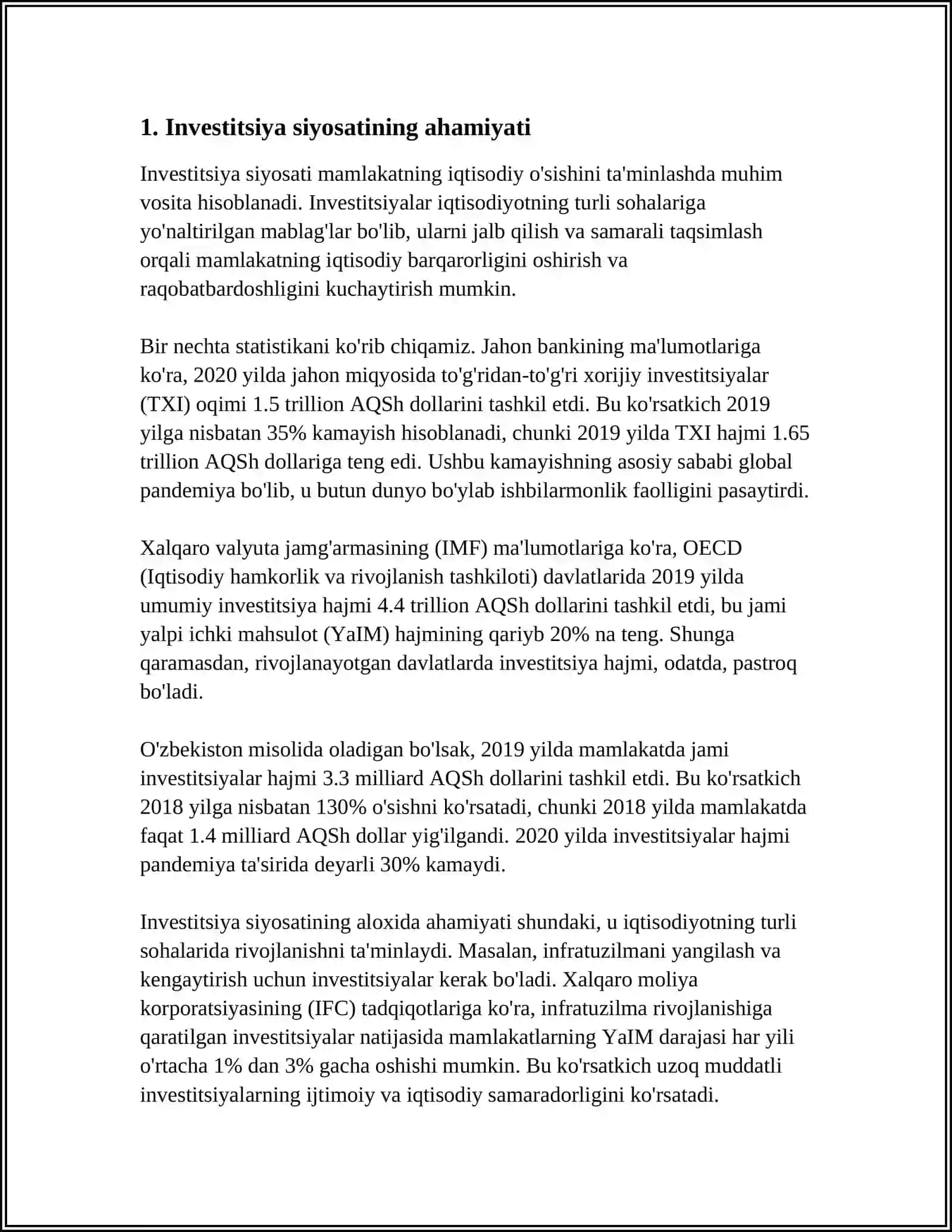 O'ZBEKISTON RESBUPLIKASINING INVESTITSIYA SIYOSATI VA UNING O'ZIGA XOS XUSUSIYATLARI 3