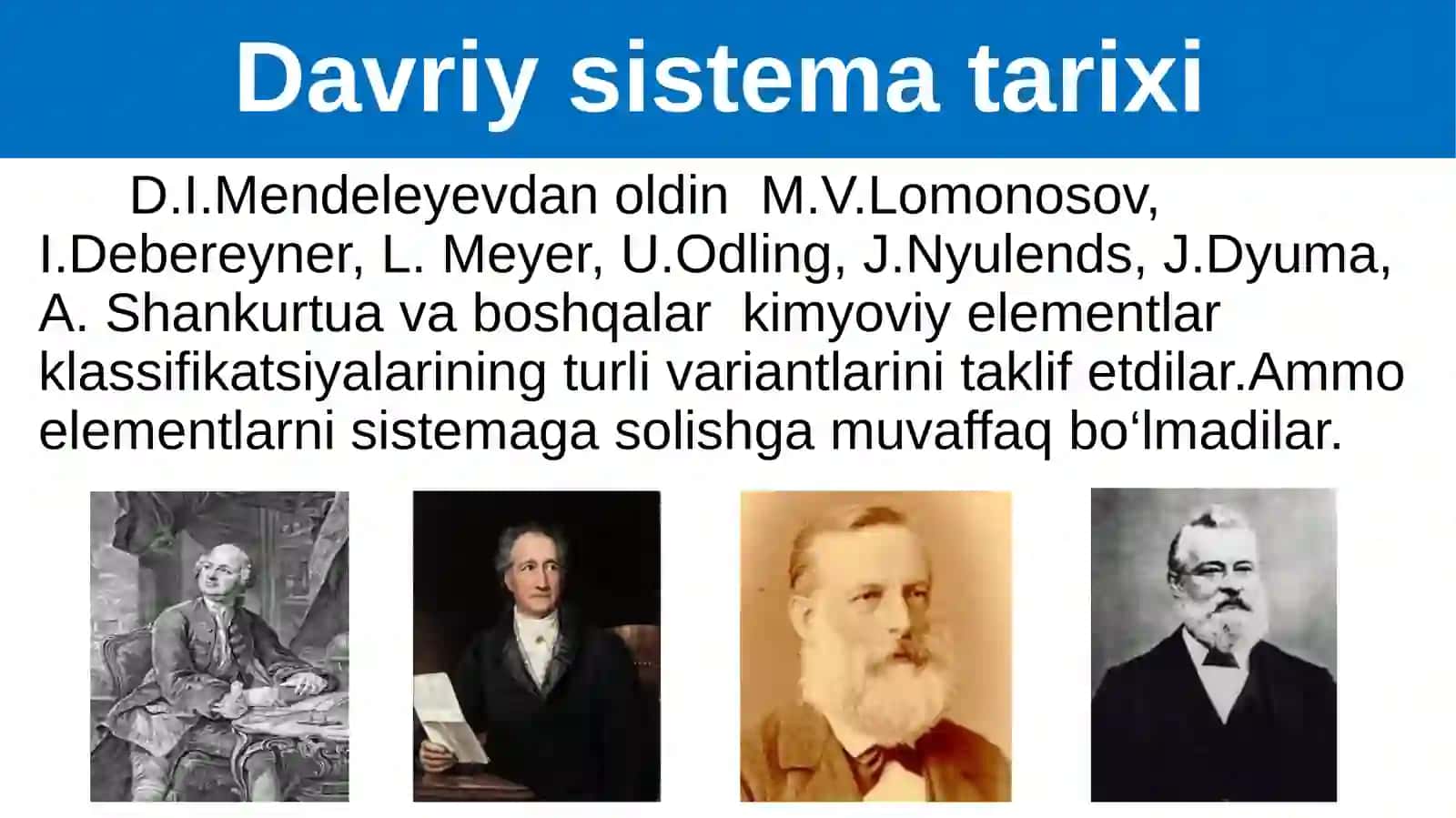 Davriy qonun. D.I. Mendeleyevning davriy sistemasi. Davriy qonunning ta’rifi. Davrlar, guruhlar va ularning turlari. 3
