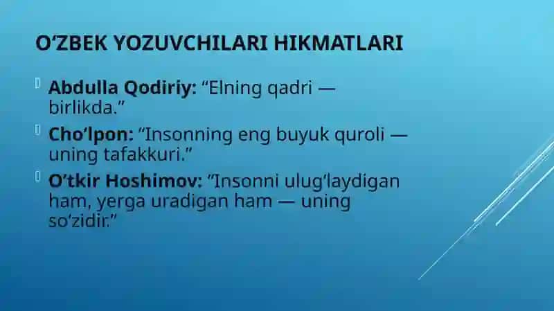 Oʻzbek milliy yozuvchilari va donishmandlarning hikmatli soʻzlari. Ishonchnoma, tibbiy ma’lumotnoma, tavsifnoma va tibbiy ish yuritish hujjatlarini (kasallik tarixi, kasallik tarixidan koʻchirma, yoʻllanma va buyruq) rasmiylashtirishning zaruriy qismlari va namunasi. 3