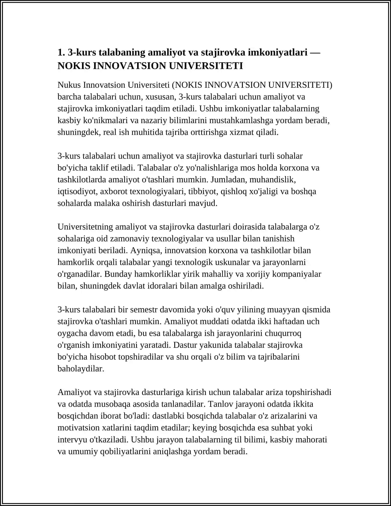 NOKIS INNOVATSION UNIVERSITETI, 3-KURS TALABA, YULDASHEV DAVRONBEK” 3