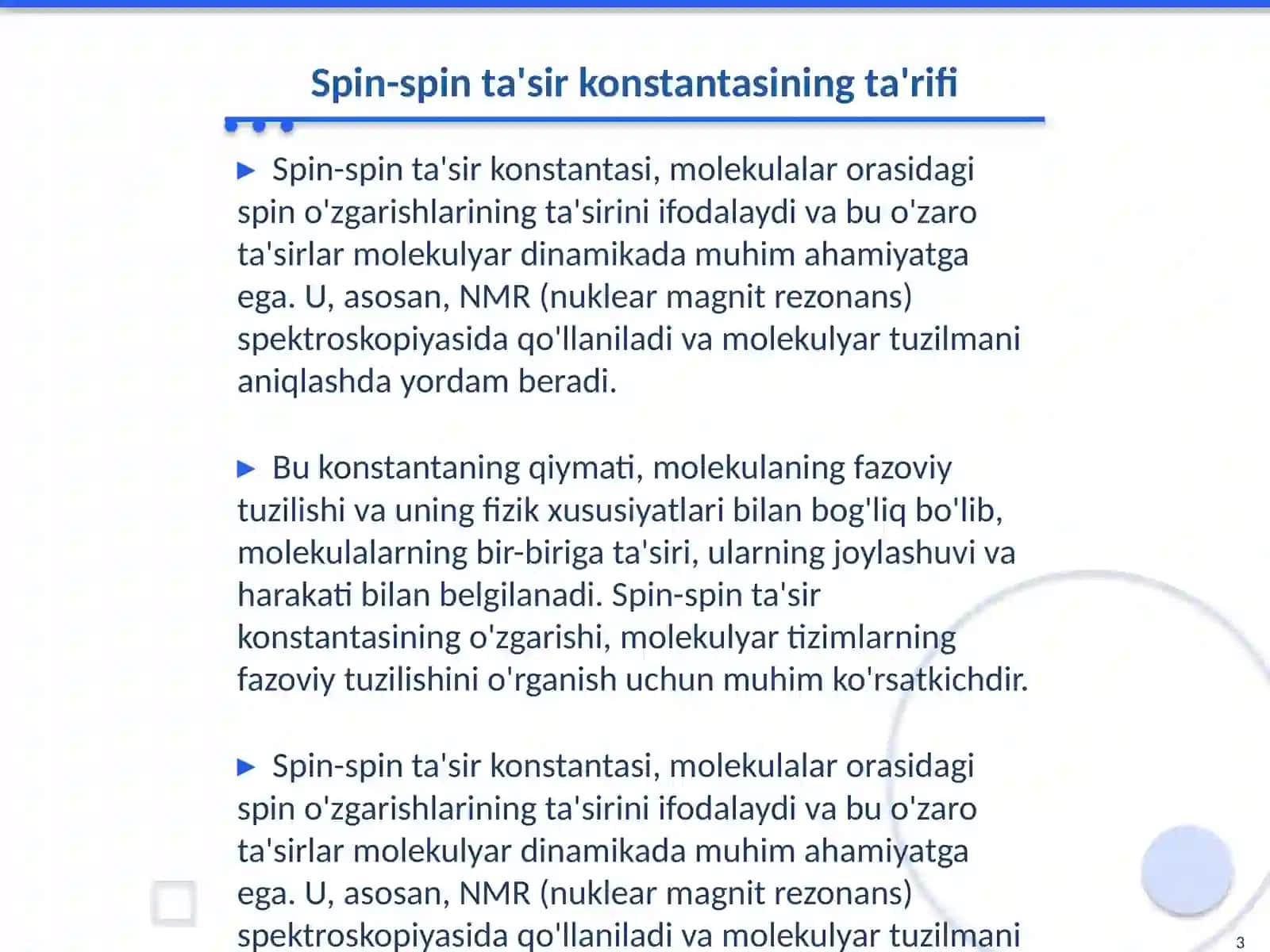 Spin-spin ta'sir konstantasi. Moddaning fazoviy tuzilishini aniqlash usullari 3