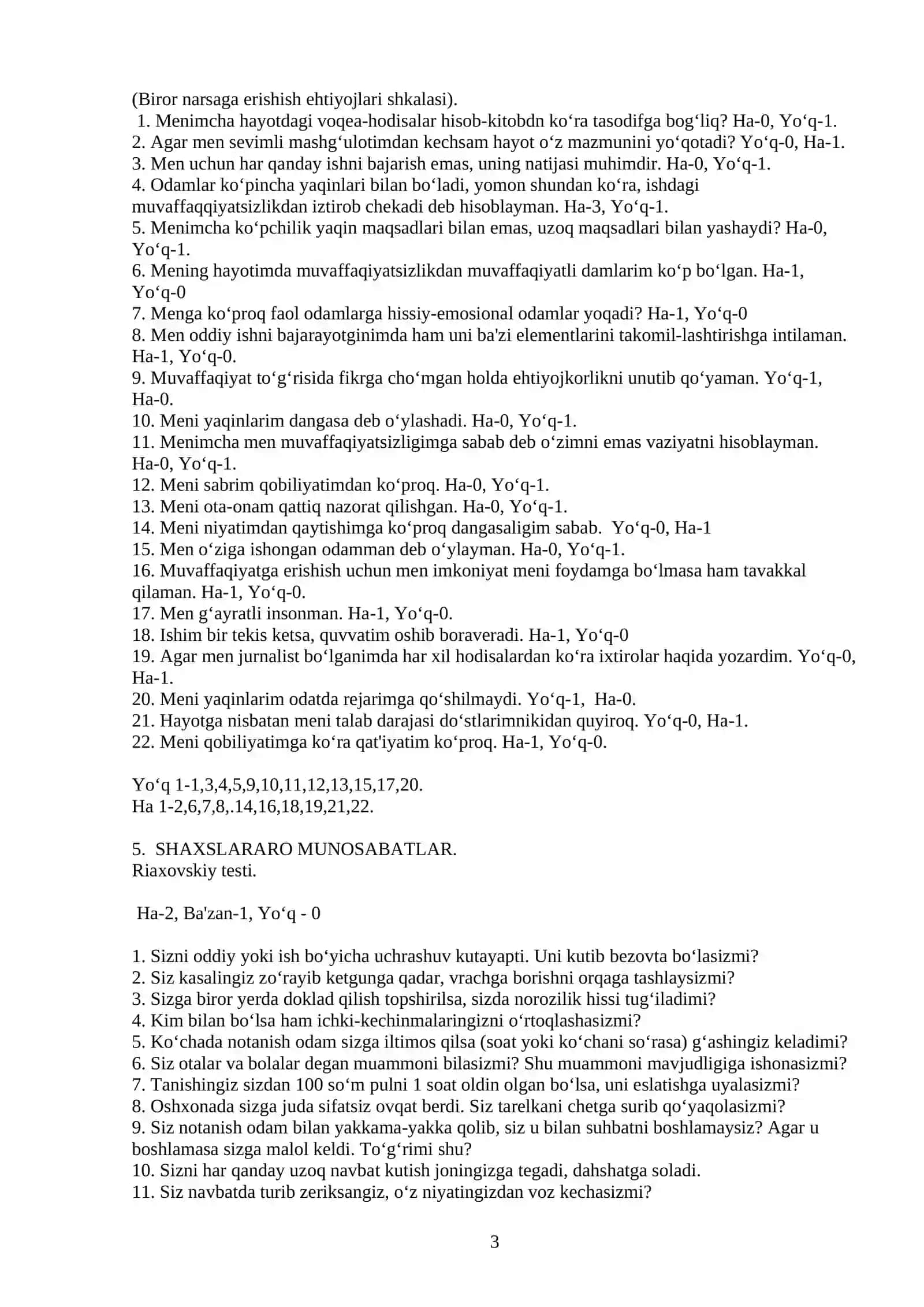 Hodimlar uchun  test va metodikalar. Psixologiya 3