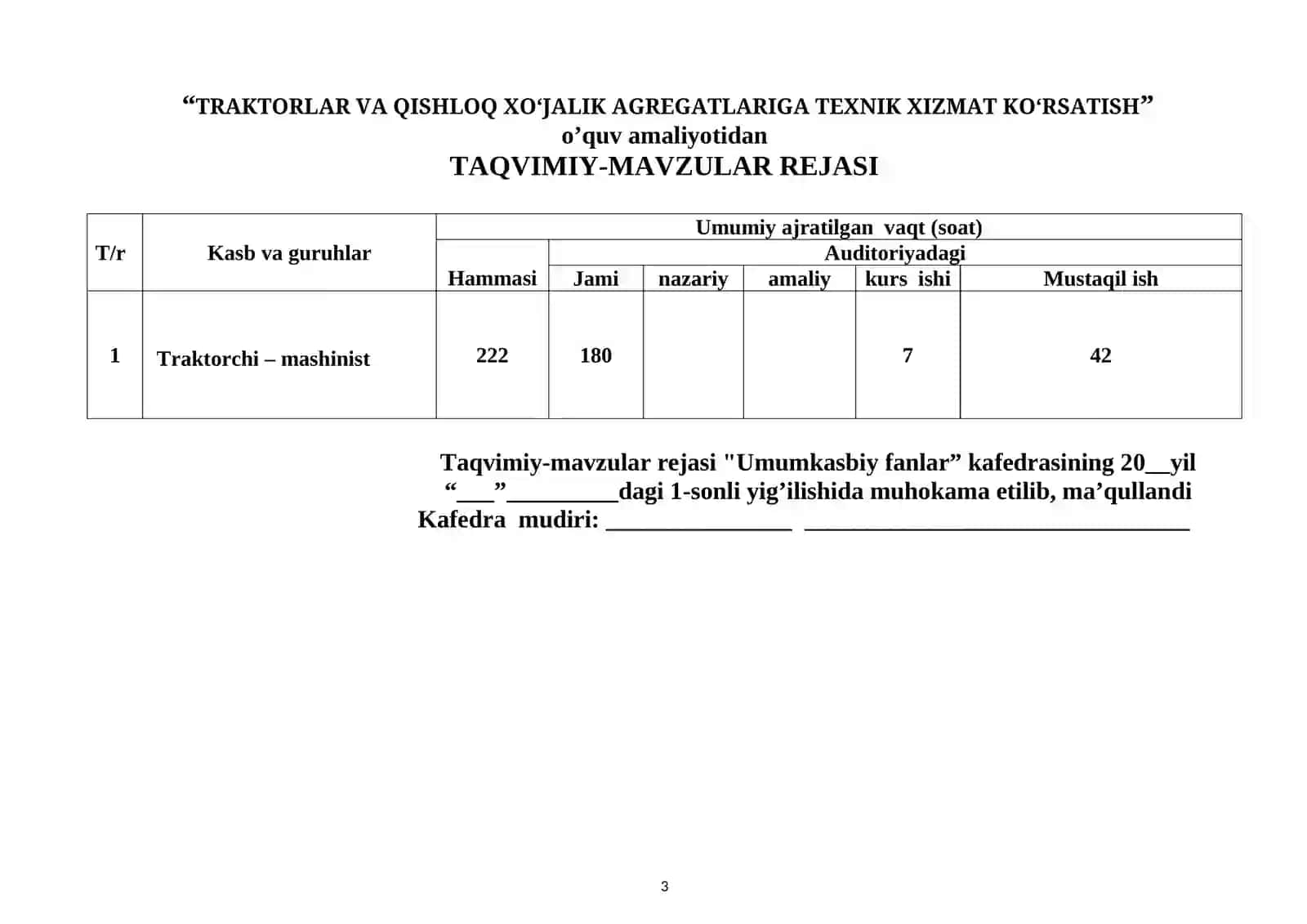 “TRAKTORLAR VA QISHLOQ XO‘JALIK AGREGATLARIGA TEXNIK XIZMAT KO‘RSATISH” o’quv amaliyoti 3