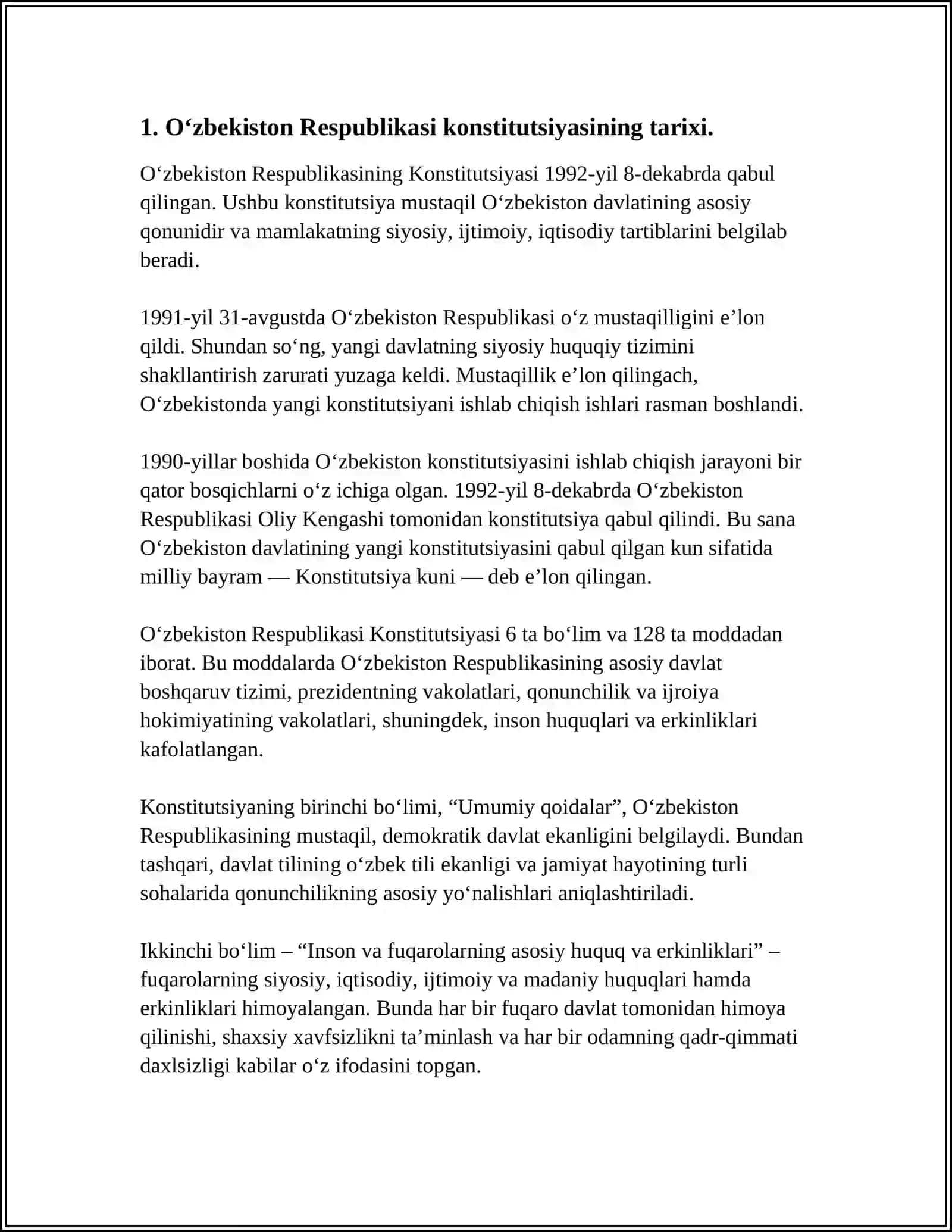 MUSTAQIL ISH Mavzu: OʻZBEKISTON RESPUBLIKASI KONSTITUTSIYAVIY HUQUQ TUSHUNCHASI 3