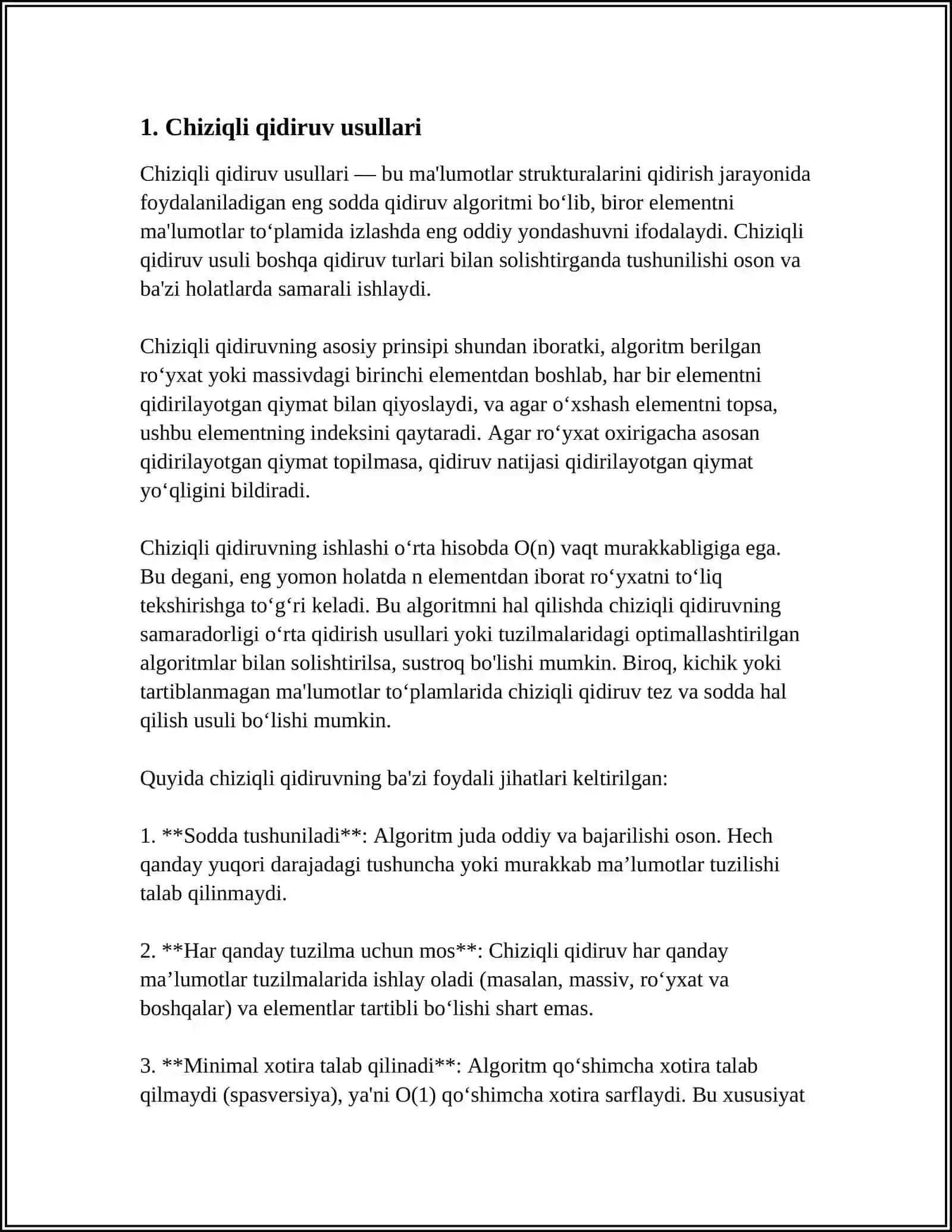 MUSTAQIL ISH Mavzu: QIDIRISH USULLARI SAMARODORLIGI VA OPPTIMALASHTRISH CHIZIQLI VA BINAR QIDIRUVI 3