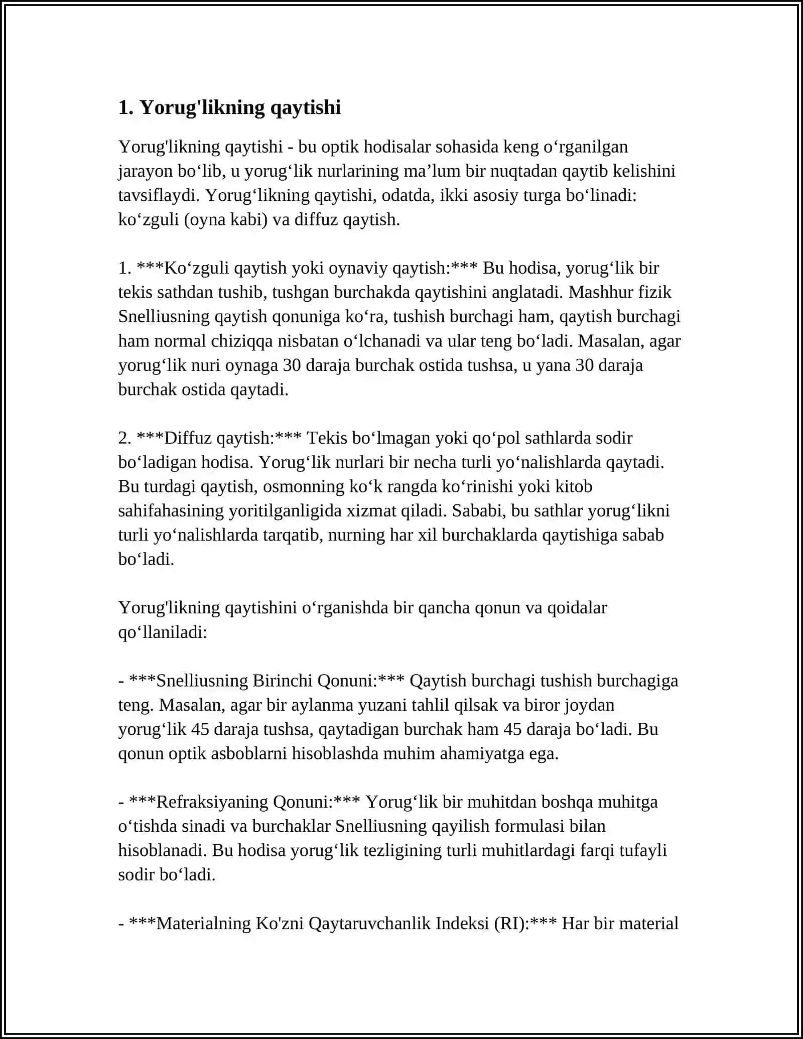 YORUĞLIKNING QAYTISHI VA SINISHIDAGI QUTBLANISHI.BRYUSTER QONUNI 3