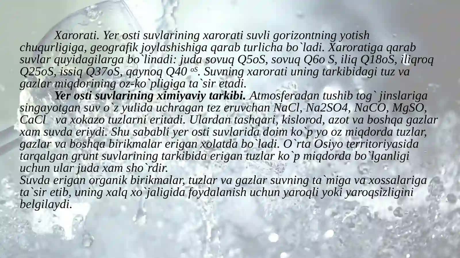 Yer osti suvlarining fizik xossalari, kimeviy tarkibi va agressivligi 3