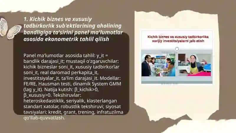 Aholi bandligi va daromadlarini oshirishda kichik biznes va xususiy tadbirkorlik sub'ektlari ko‘rsatkichlarini ekonometrik tahlil qilish. 3