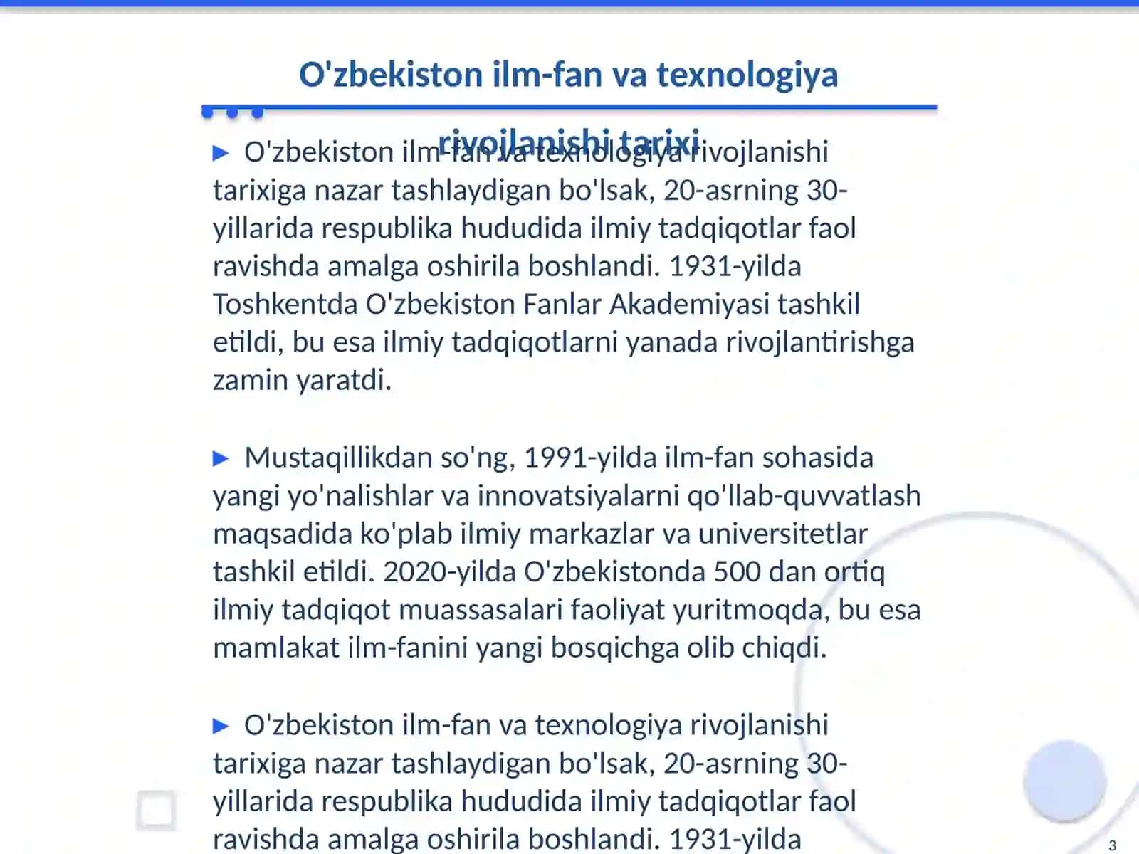 O'zbekistonning ilm-fan va texnologiya rivojlanishidagi yutuqlari va muammolari 3