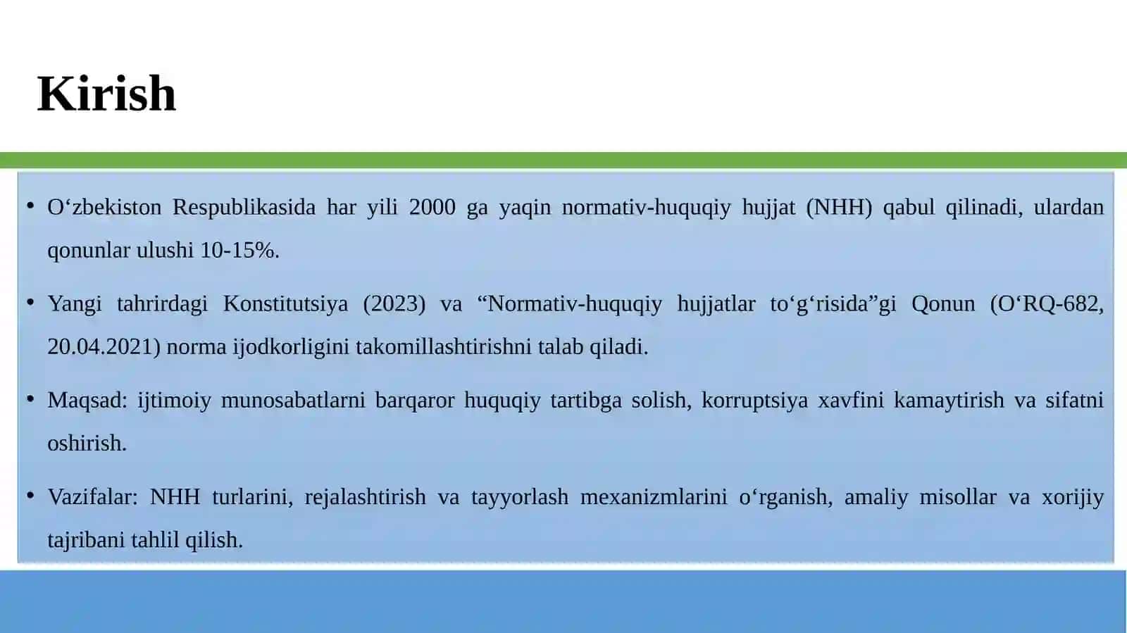 Normativ-huquqiy hujjatlar loyihalarini rejalashtirish, tashabbus qilish va tayyorlash 3