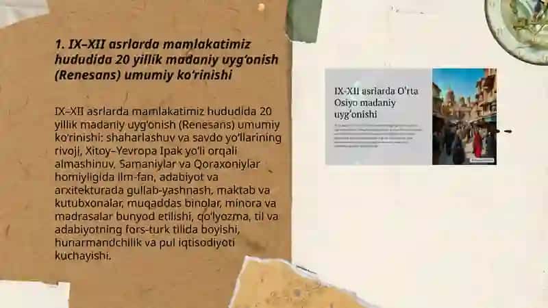 IX-XII asirlarda mamlakatimizda hududida 20yil bergan madany uyg’onish (Renesans) 3