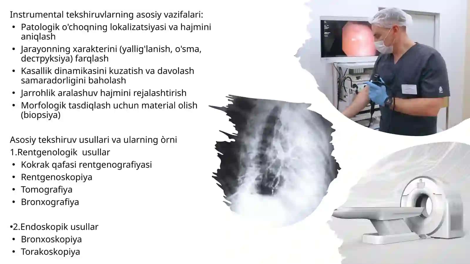 Pulmonologiya amaliyotida rentgenologik va endoskopik tekshiruvlarning o’rni: bronxografiya va bronxoskopiya. Bronxoektatik kasallik: etiologiya, patogenez, patomorfologiya, xarakterli simptomlar, og’iz bo’shlig’ida o’ziga xos o’zgarishlar parhez va medikamentoz davolash. 3