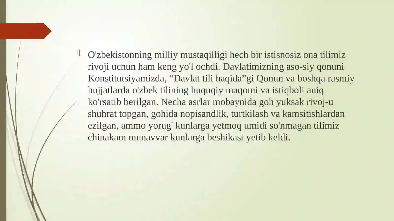 ShavkatMirziyoyevning“O‘zbektiliningdavlattilisifatidaginufuzivamavqeyinitubdanoshirishchora–tadbirlarito‘g‘risida“gifarmonningahamiyati 3