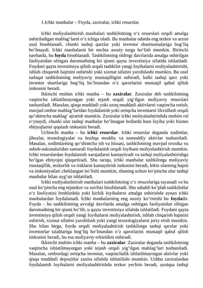 Moliyalashtirish manbalari ichki va tashqi imkoniyatlar 3