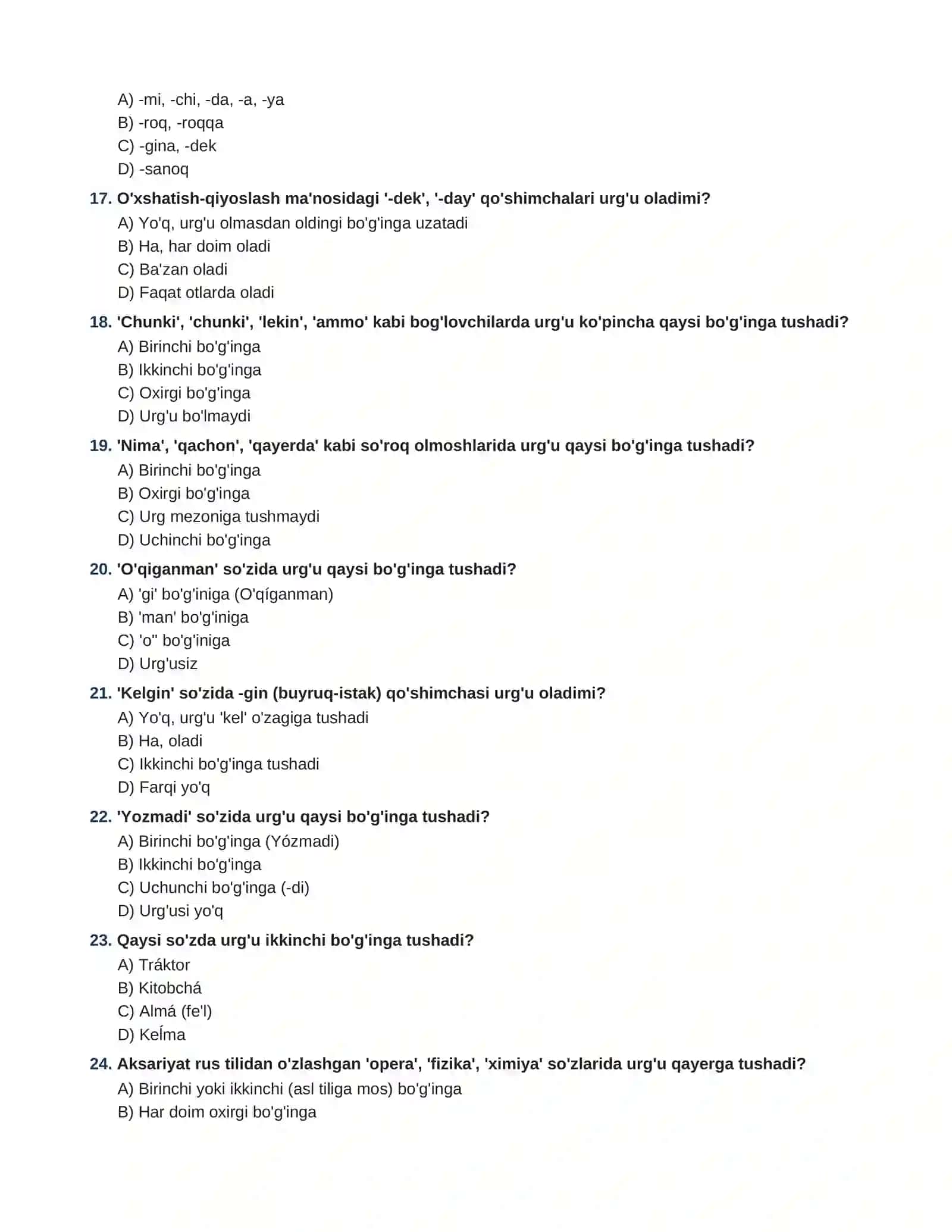 URG'U (FONETIKA) BO'YICHA 60 TA TEST TOPSHIRIQLARI JAVOBLARI BILAN 3