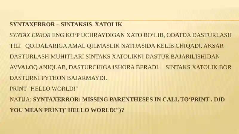 PYTHON DASTURLASH TILIDA XATOLIKLARBILAN ISHLASH 3