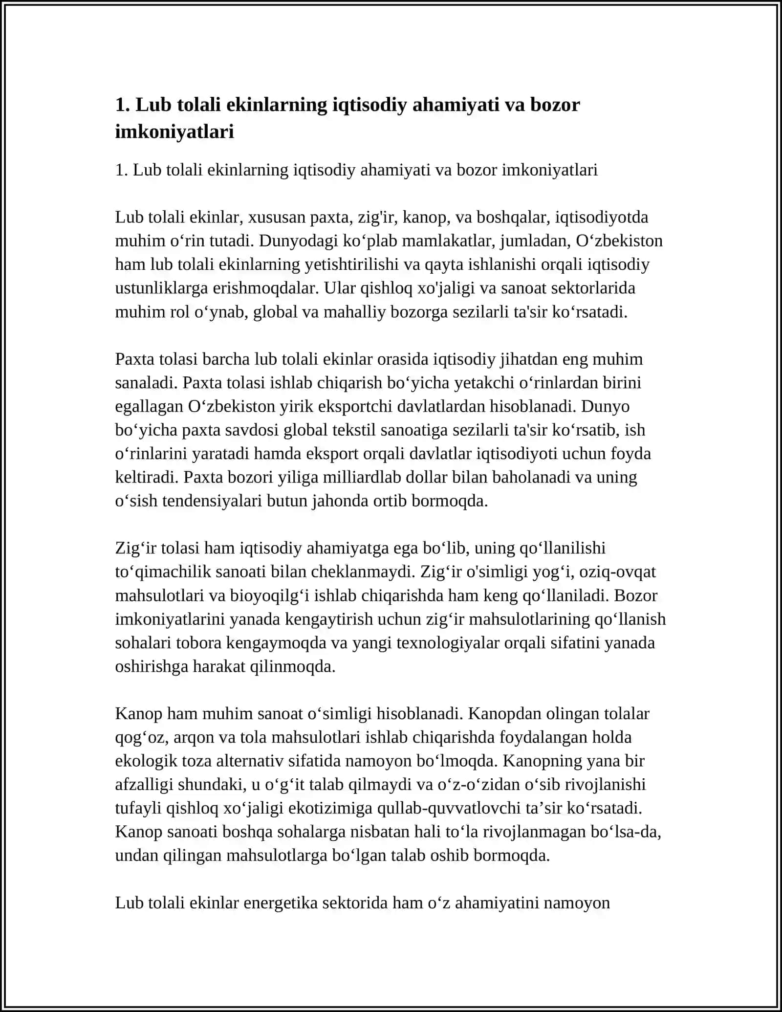 Lub Tolali Ekinlarning Iqtisodiy Ahamiyati va Bozor Imkoniyatlari 3