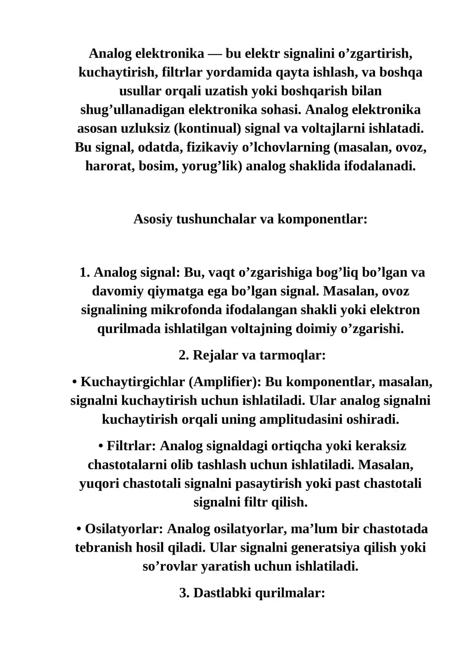 Аnalog elektronika. Elektron qurilmalarning tasniflanishi. Аnalog qurilmalar sxemotexnikasi 3