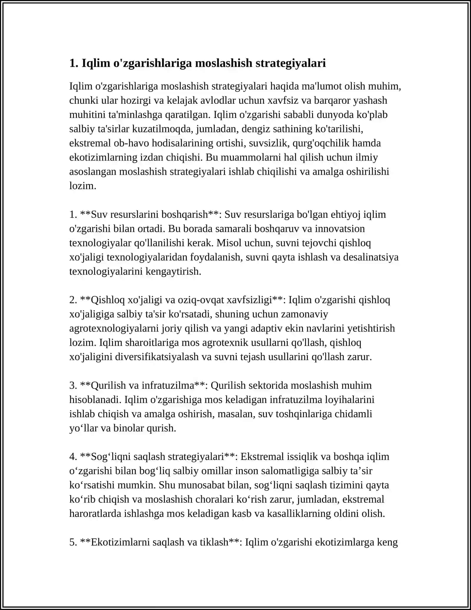 MUSTAQIL ISH Mavzu: IQLIM UZGARISHLARI OQIBATLARIGA MOSTLASHISH VA TABIY RESURSLARDAN OQILONA FOYDALANISH YULARI 3