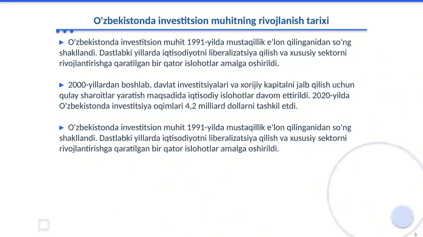 O'zbekistondagi investitsion muhit va milliy investitsiya siyosatining asosiy yònalishlarini tahlil qilish 3