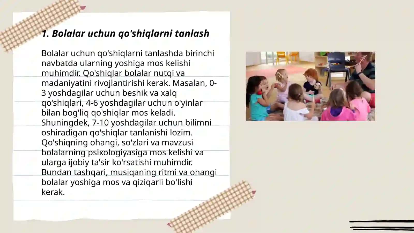 Bolalarni ashula aytish, musiqa tinglash va musiqaviy- ritmik harakatlarni òrgatish 3