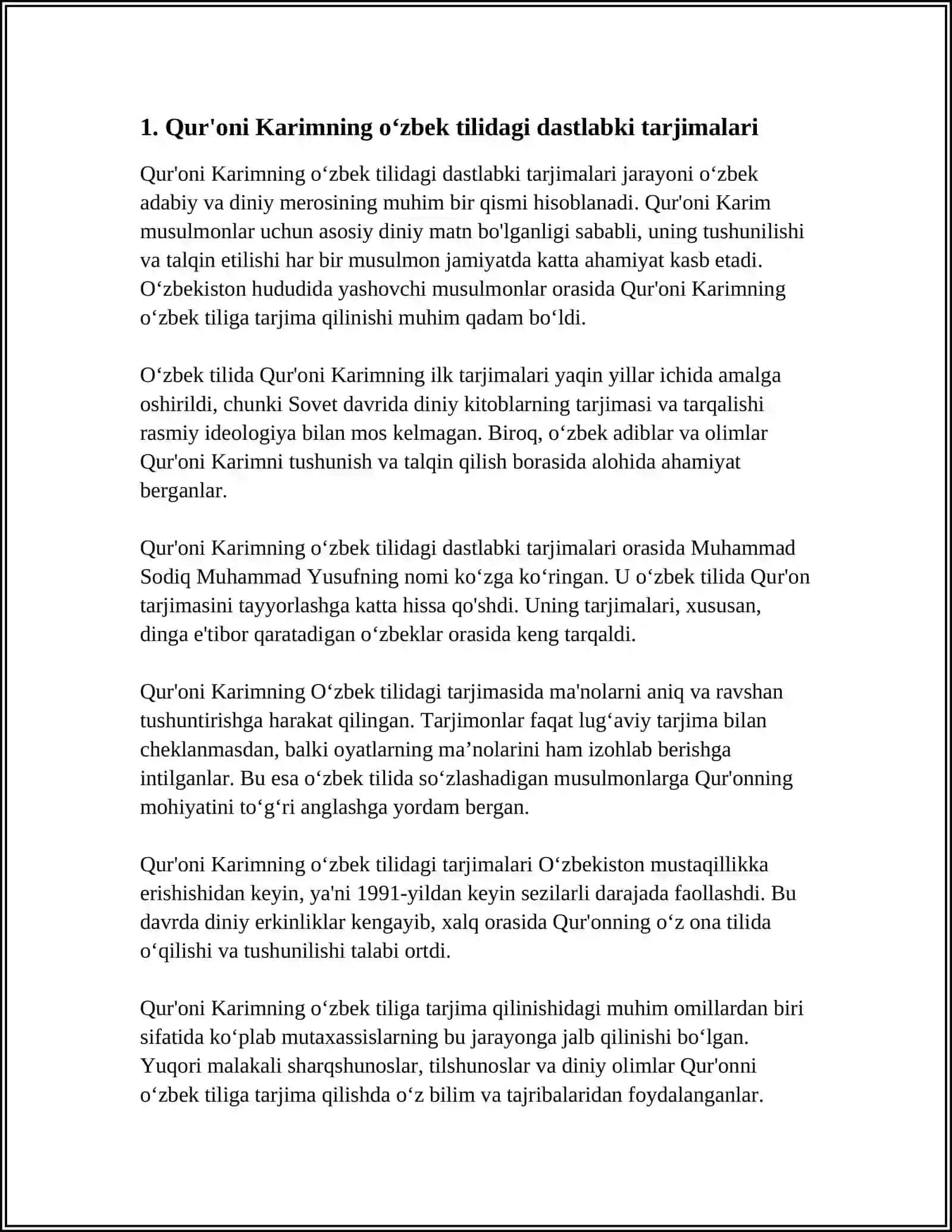 MUSTAQIL ISH Mavzu: QUR'ONI KARIMNING OʻZBEKCHA TARJIMALARI HAQIDA MALUMOTLAR 3