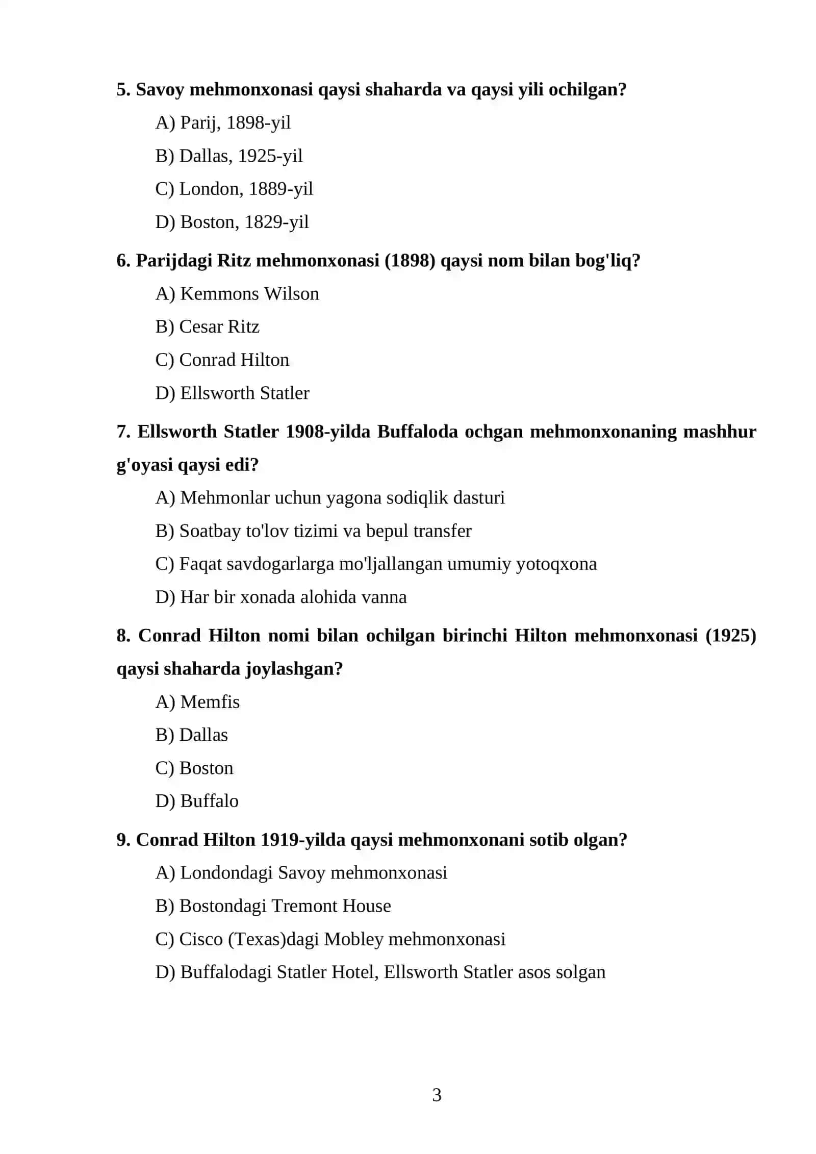 Xalqaro mehmonxona menejmenti test topshiriqlari 3