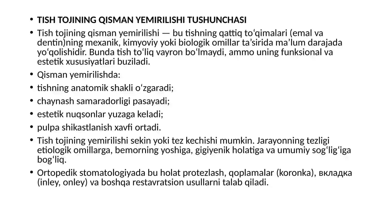 TISH TOJINING QISMAN YEMIRILISHI. QATTIQ TO’QIMALARNING SHIKASTLANISH TASNIFI. ETIOLOGIYASI, POTOGENEZI, KLINIK KO’RINISHI. TISH NUQSONLARINING XALQARO TASNIFI, BO’SHLIQLAR JOYLASHGAN JOYINING HARF BILAN BELGILASH. BLEK BO’YICHA BO’SHLIQLAR TASNIFI. MELIKIVICHGA KO’RA TOYUSHI. TISHLARNING QATTIQ TO’QIMALARI ZARARLANGAN BEMORLARNI TEKSHIRISH USULLARI 3