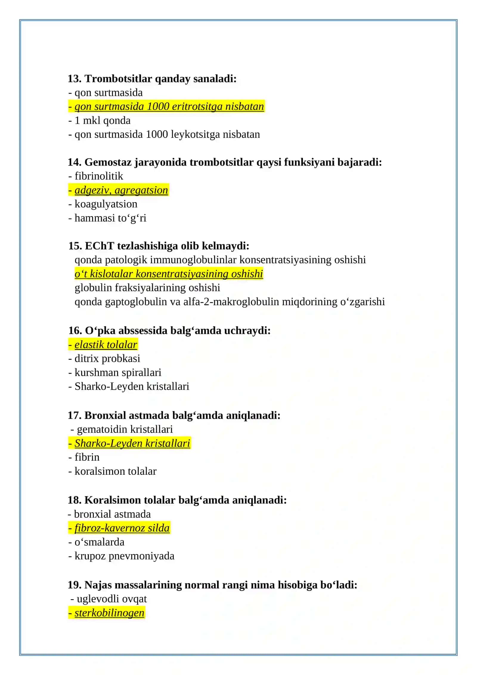 Klinik laboratoriya diagnostikasi test savollari ro’yxati (2026-yil) 3