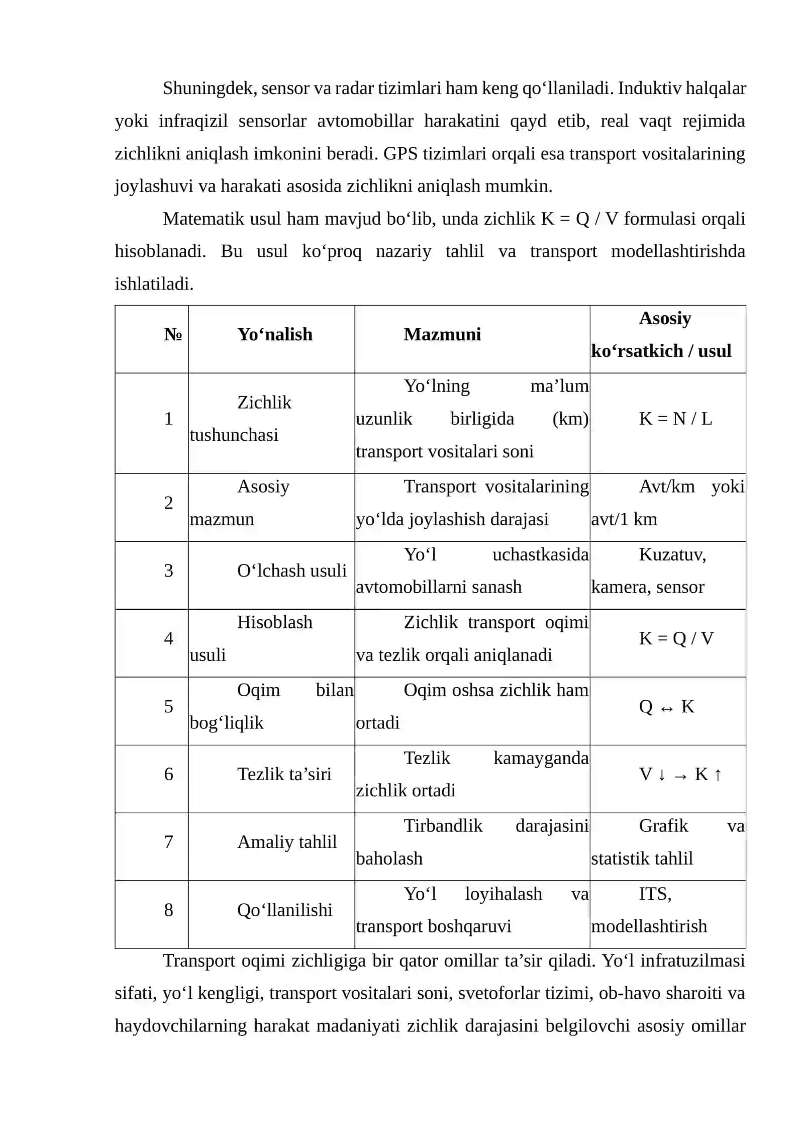 Transport oqimining zichligi, yo‘lning o‘tkazish qobiliyati va yuklanganlik darajasi ko‘rsatkichlarini baholash 3
