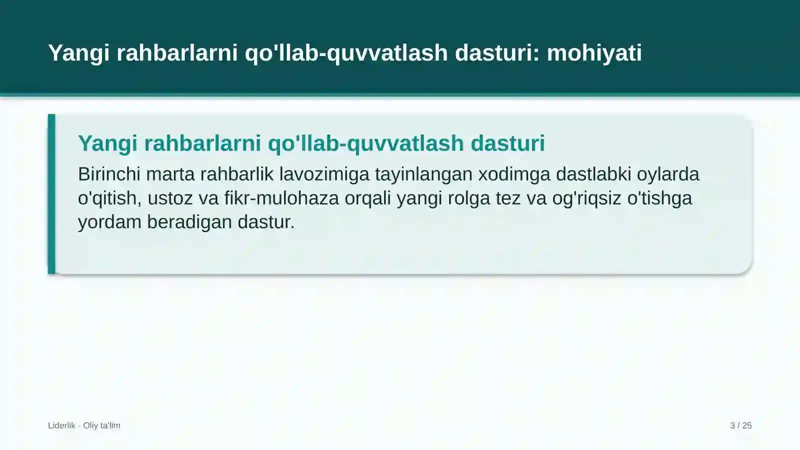 Yangi rahbarlarni qo'llab-quvvatlash dasturi: mohiyati 3