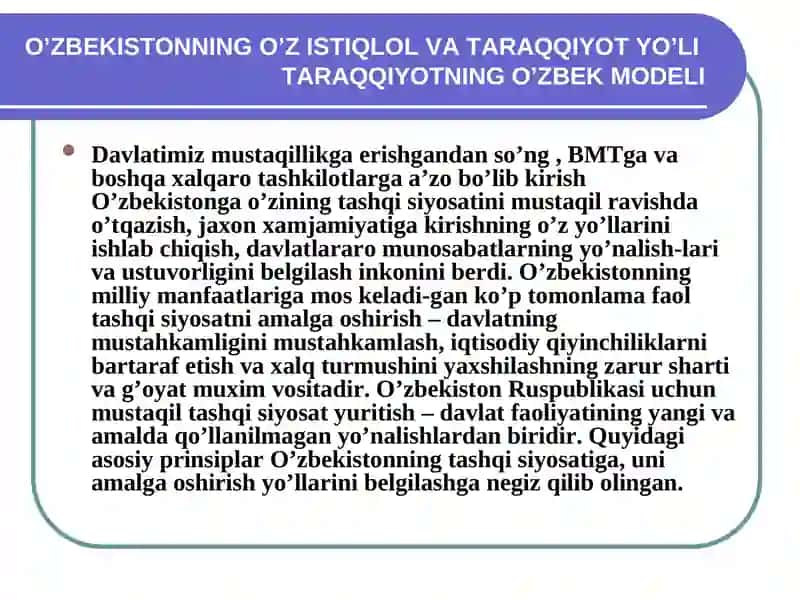 O’ZBEKISTONNING O’Z ISTIQLOL VA TARAQQIYOT YO’LITARAQQIYOTNING O’ZBEK MODELI 3