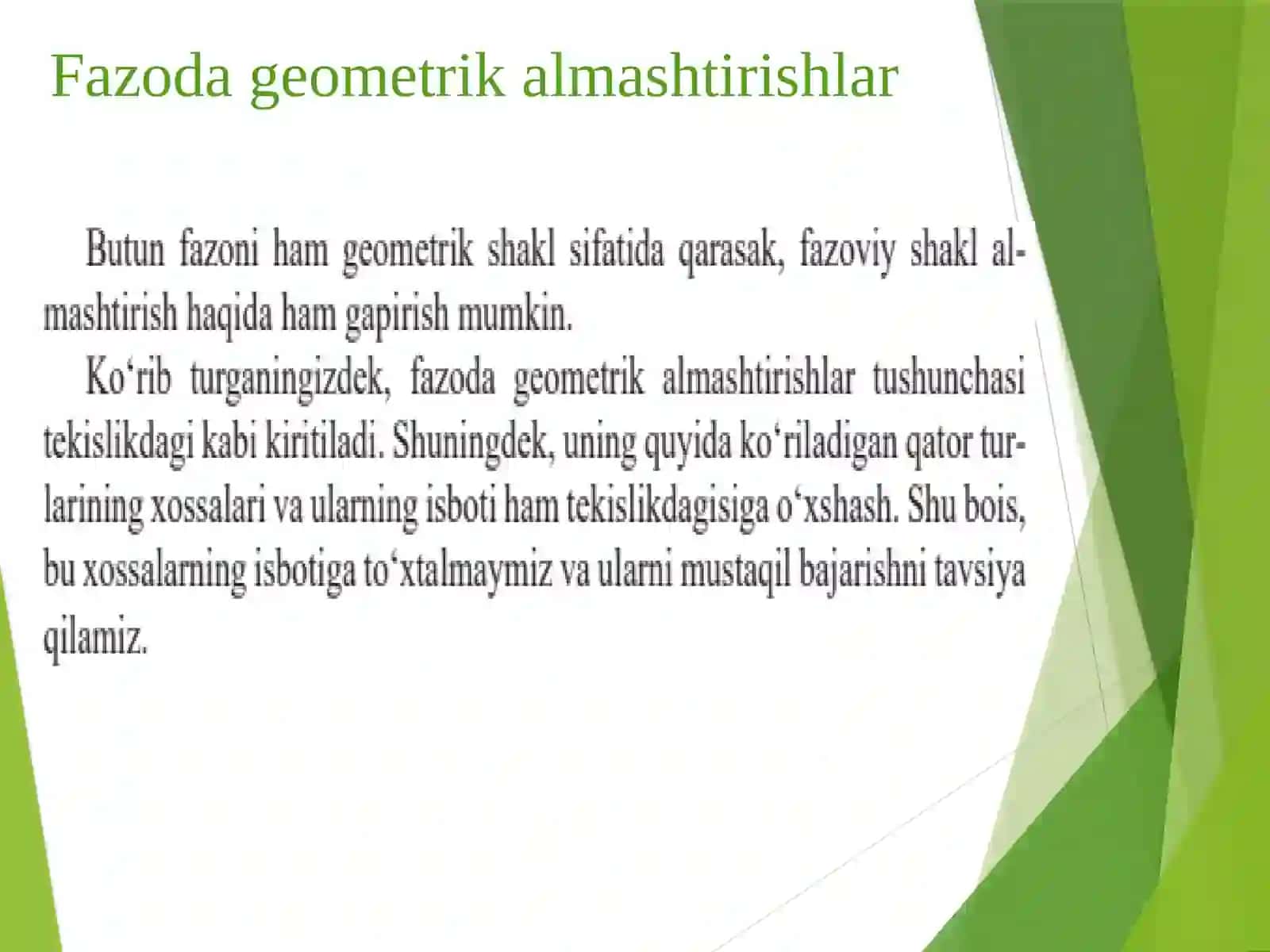 Fazoda geometrik almashtirishlar. Harakat va parallel ko‘chirish 3