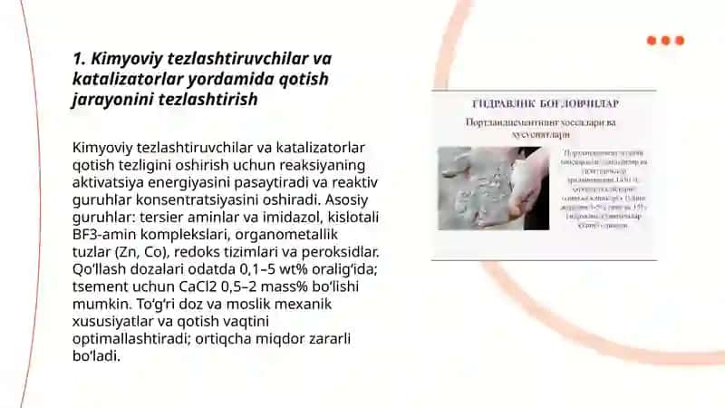Bog‘lovchi mаteriаllаrining qotish jаrаyonlаrini normаl temperаturа shаroitlаridа tezlаshtirish usullаri 3