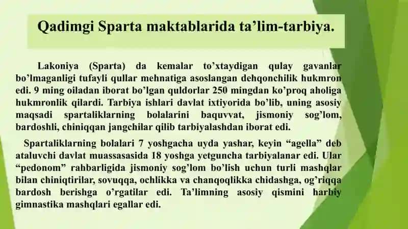 Taqdimot. Mavzu: Qadimgi Sparta va Afina maktablarida ta’lim-tarbiya 3