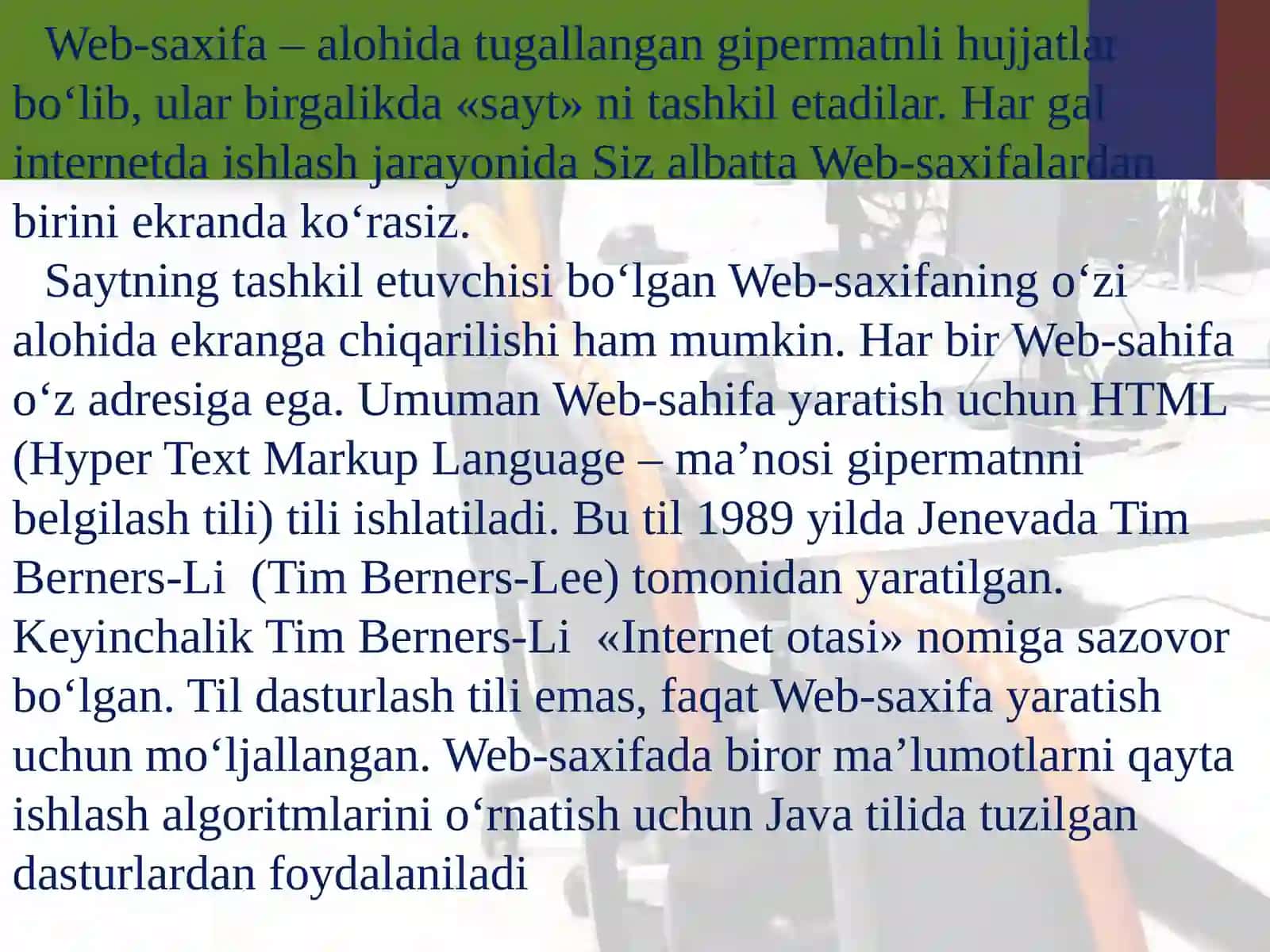 HTML va unda ishlash.HTML matn,rang,jadval va rasmlar bilan ishlash 3