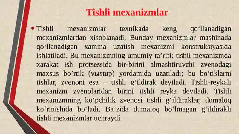 Tishli mexanizmlar. Tishli uzatma xillari. Ilashmaning asosiy qonuni 3