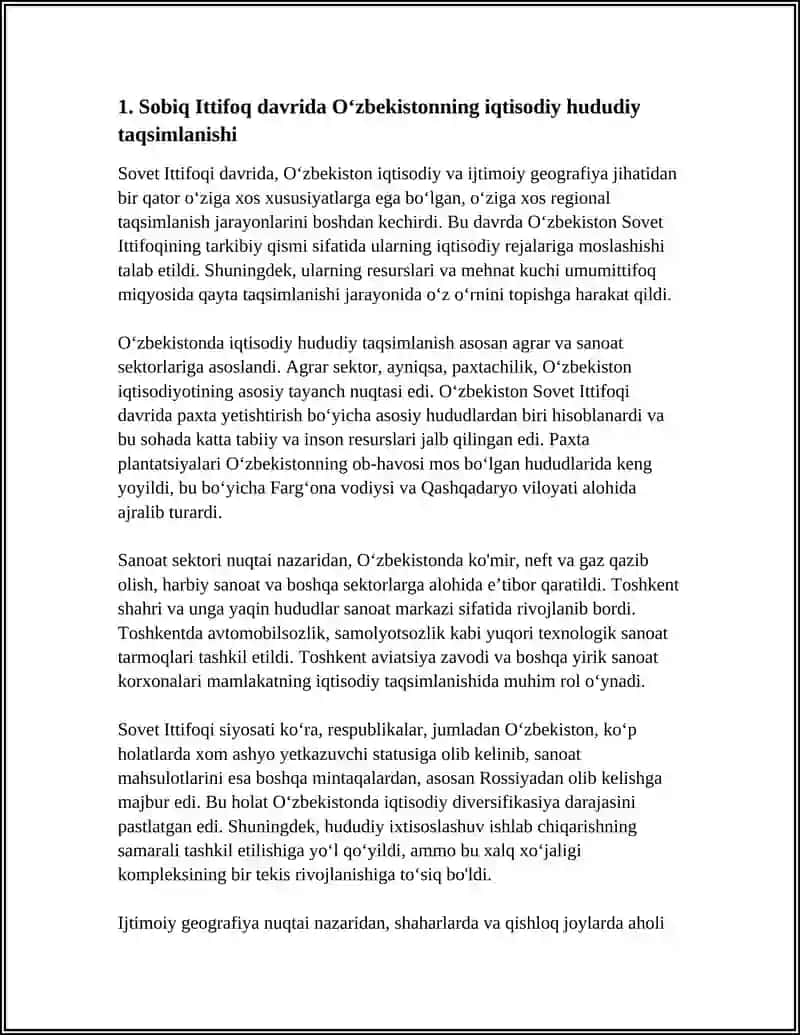 SOBIQ ITTIFOQ DAVRIDA IQTISODIY VA IJTIMOIY GEOGRAFIYA. OʻZBEKISTONDA IQTISODIY VA IJTIMOIY GEOGRAFIYA RIVOJLANISH XUSUSIYATLARI 3