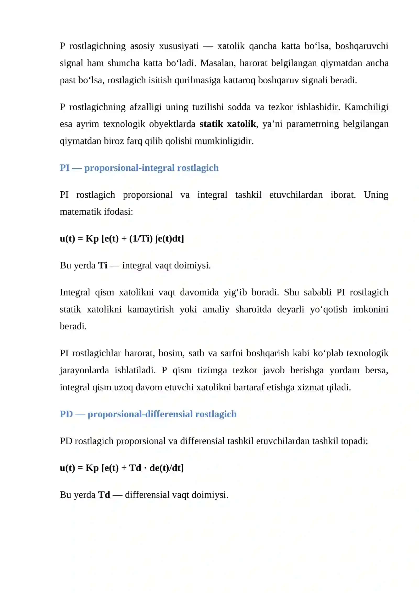 mustaqil ish Avtomatik rostlagichlarning (P, PI, PD, PID) ishlashini tekshirish va montaj oldi sinov 3