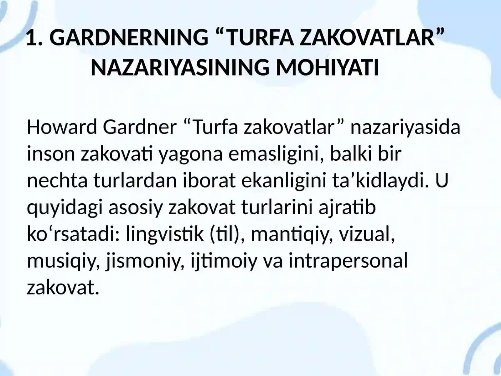 GARDNERNING “TURFA ZAKOVATLAR” NAZARIYASI ASOSIDA TURLI QOBILIYATGA EGA O‘QUVCHILARNI DARSGA JALB QILISH ( O‘TKIR HOSHIMOV “IKKI ESHIK ORASI”, G‘AFUR G‘ULOM “SHUM BOLA” MISOLIDA) 3