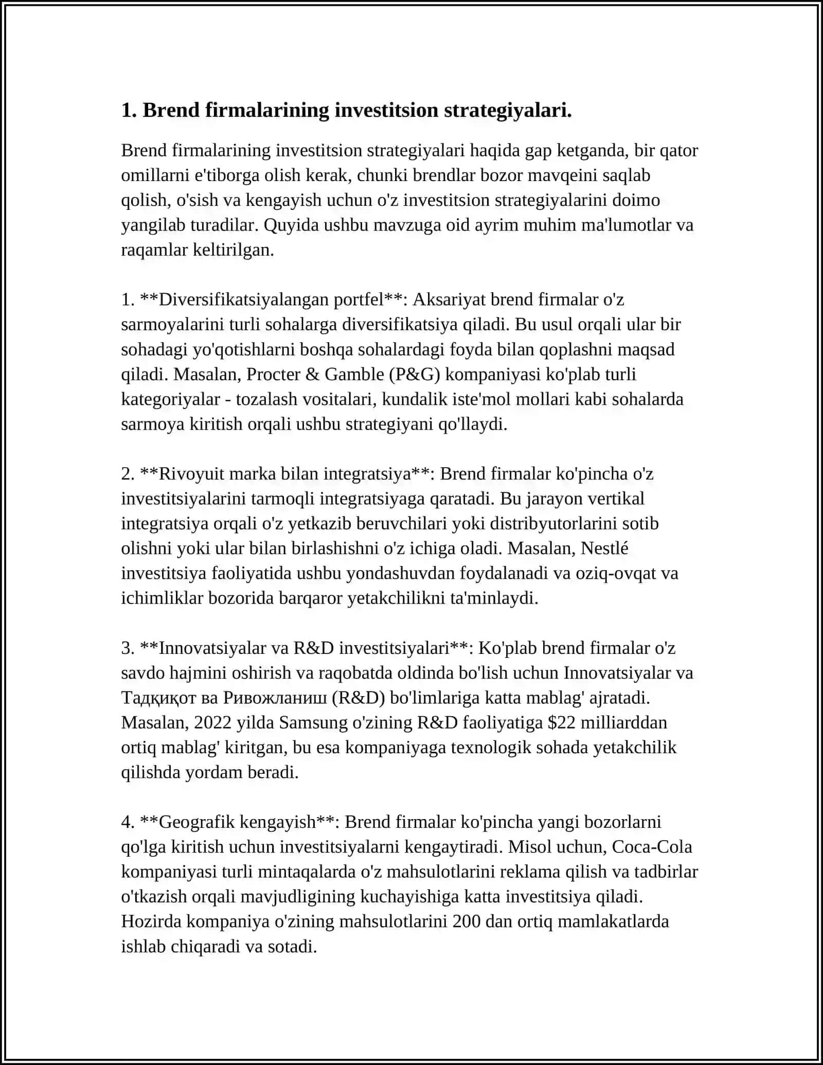 BREND FIRMALARNI MOLIYAVIY IQTISODIY RIVOJLANISH AHVOLI BO'YICHA MUSTAQIL ISH 3