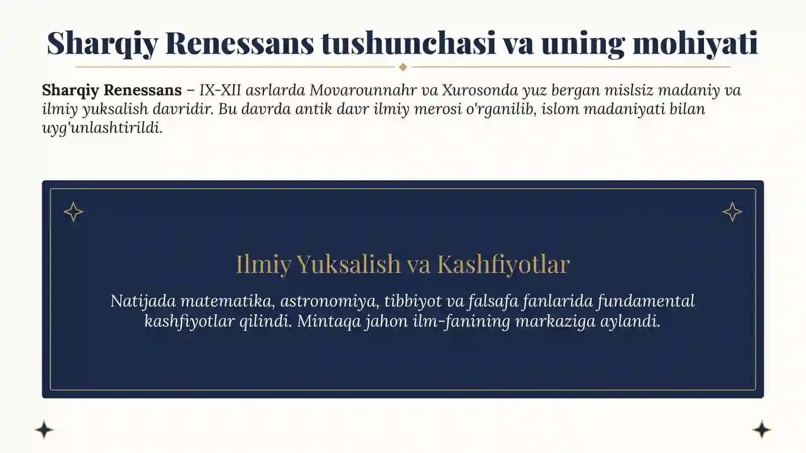 IX-XII asrlarda Movarounnahrda Sharqiy Renessans Madaniy uyg'onish, ilm-fan taraqqiyoti va buyuk allomalar merosi 3
