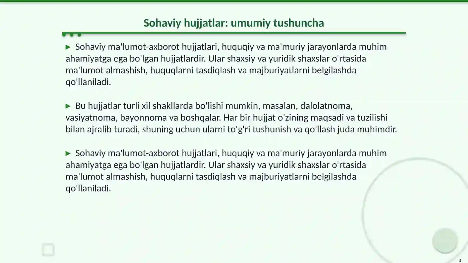 Sohaviy ma'lumot-axborot hujjatlari(dalolatnoma, vasiyatnoma, bayonnoma va bayonnomadan ko'chirma) 3