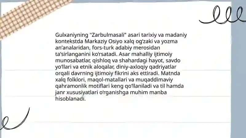Gulxaniyning "Zarbulmasali" tahlili 3