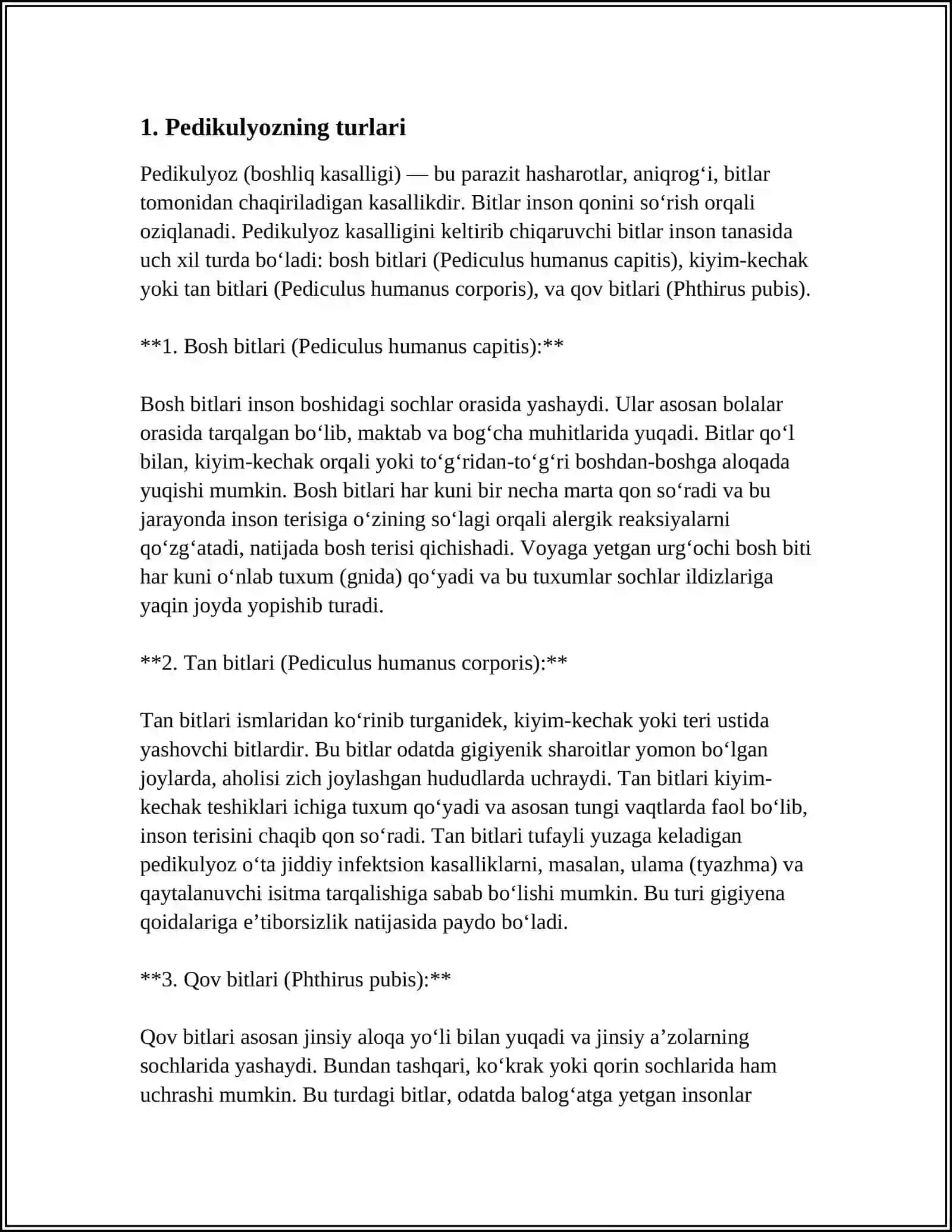 BEMORLARNI PEDIKULYOZGA TEKSHIRISH VA SANITAR ISHLOV BERISH USULLARI BILAN TANISHTIRISH 3