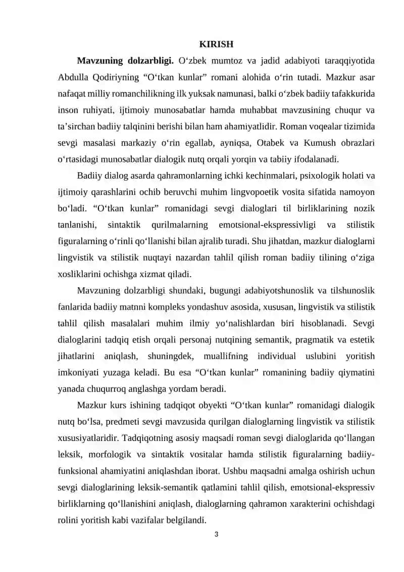 OʻTKAN KUNLAR ROMANIDAGI SEVGI DIALOGLARINING LINGVISTIK VA STILISTIK TAHLILI 3