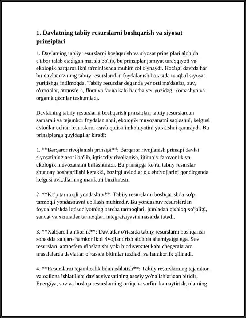 Davlatning Tabiiy Resurslardan Foydalanish va Ekologiya Siyosati Referat 3